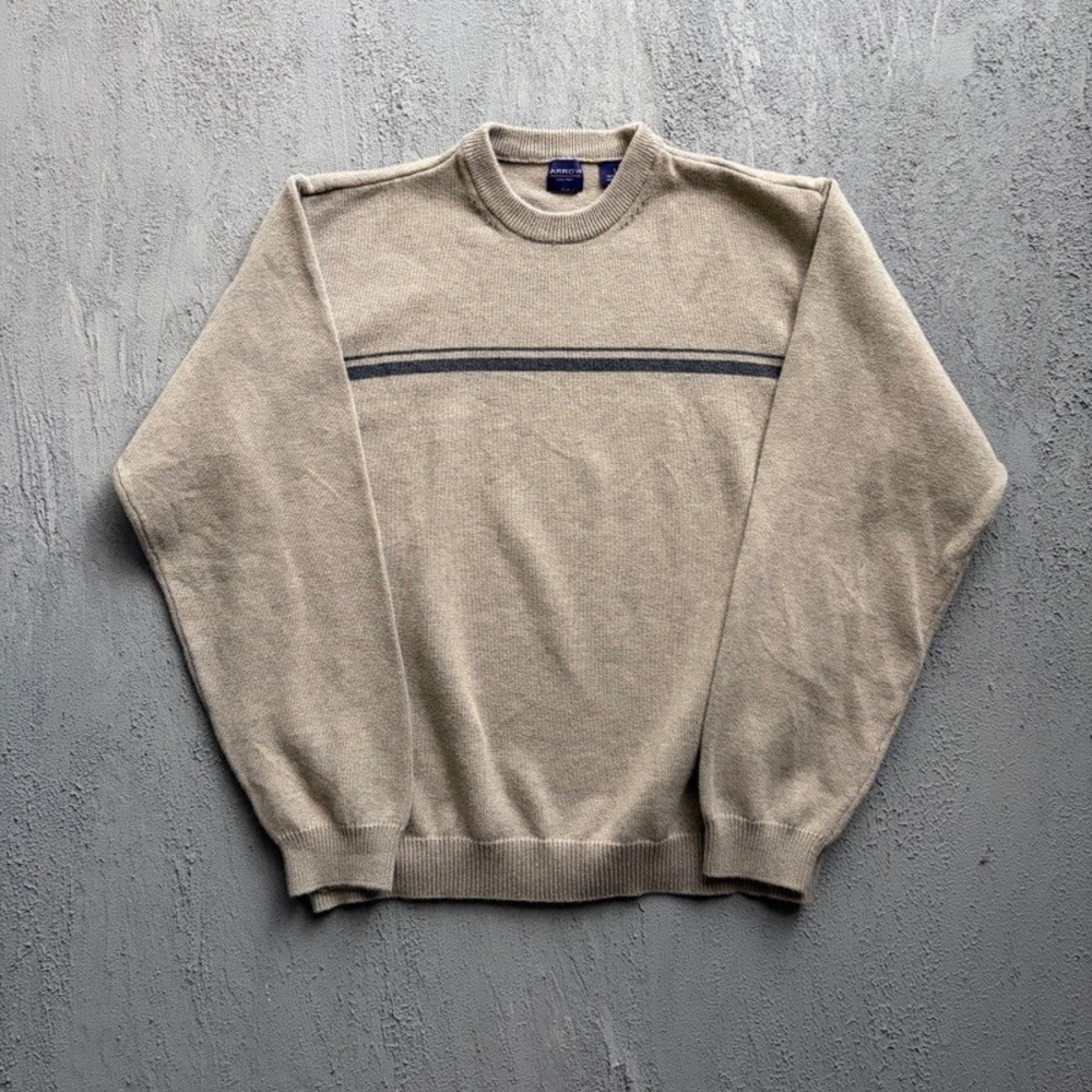 Vintage Arrow Striped Sweater Large Beige 2000s Y2K Crewneck Cotton Knit